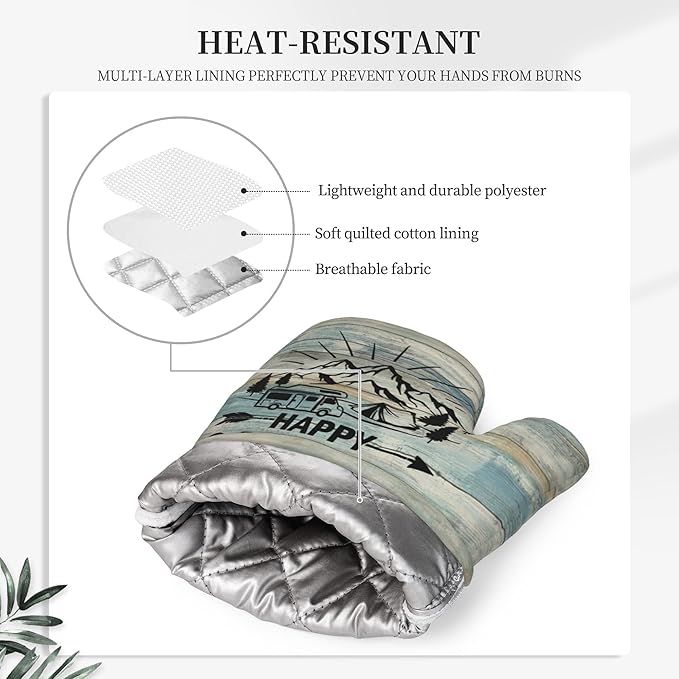 Happy Camper Oven Mitts and Pot Holders Sets of 4,Resistant Hot Pads with Silicone Non-Slip BBQ Gloves for Kitchen,Cooking,Baking,Grilling