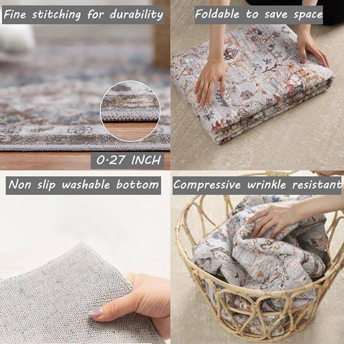 4x6 Vintage Washable Thin Area Rug Tangerine Traditional Floor Cover Foldable Indoor Distressed Non Slip Carpet Floral Print Mat Bedroom Living Room Bathroom