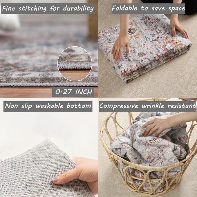 Washable Area Rug 5x7 Retro Boho Chic Medallion Distressed Design for Living Room Indoor Non-Slip Large Oriental Accent Throw Rug for Kitchen Entryway Bedroom Office Rug