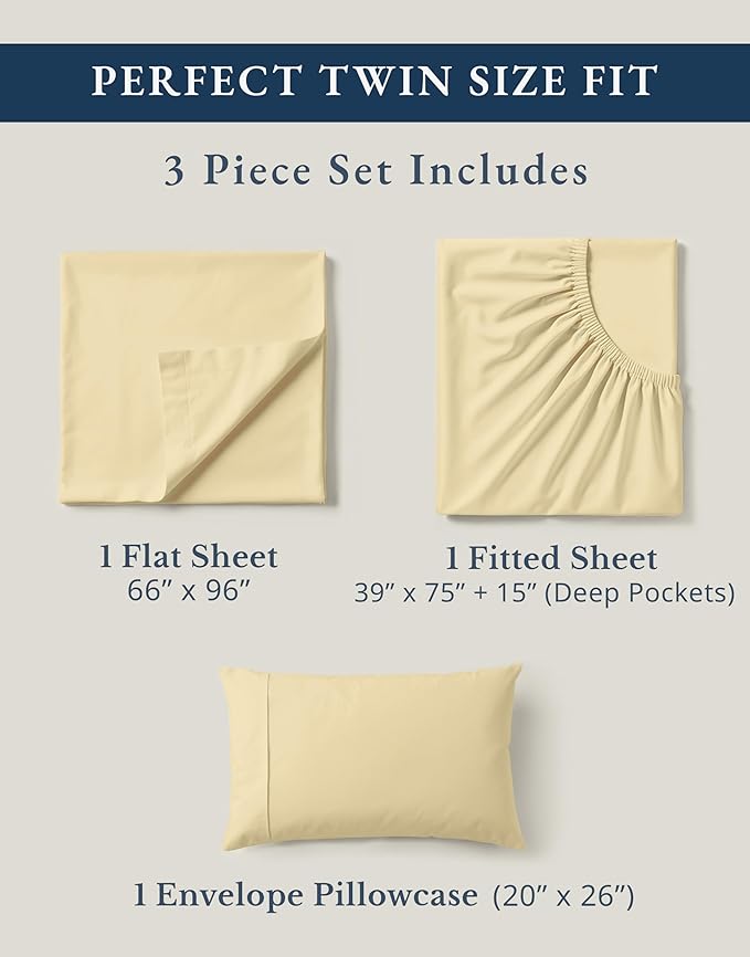 LANE LINEN 100% Organic Cotton Twin Bed Sheet Set, Soft, Comfy & Breathable Hotel Style Percale Bedding Sheets & Pillowcases Set, Mercerized Cotton Fully Elasticized Sheets Twin- Vanilla