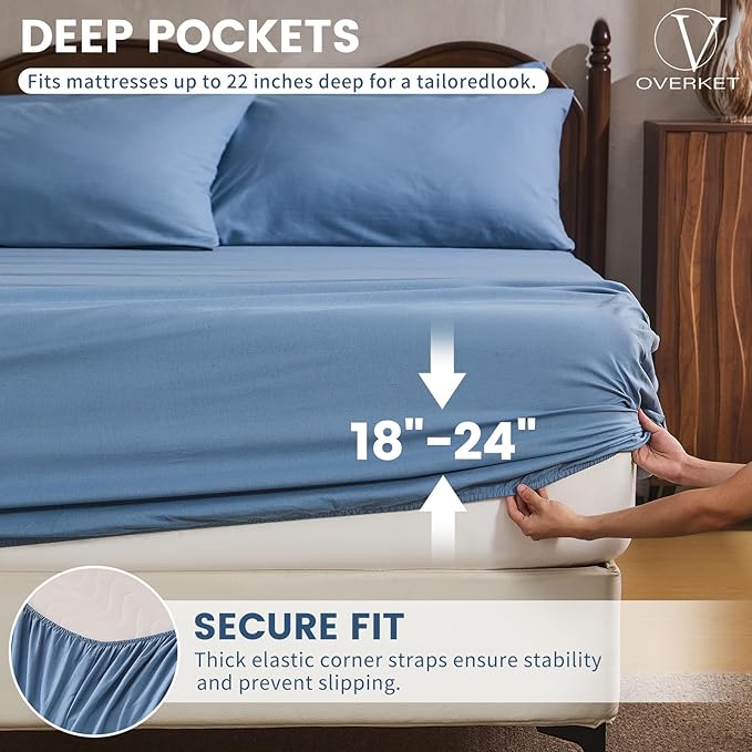 100% Linen Sheet Set King Size Extra Deep Pocket Fits 18-24 Inch Mattress, Breathable & Soft, Smooth 4-Piece Set for Thick Mattresses Hotel Luxury Bedding（King, Dusty Blue）