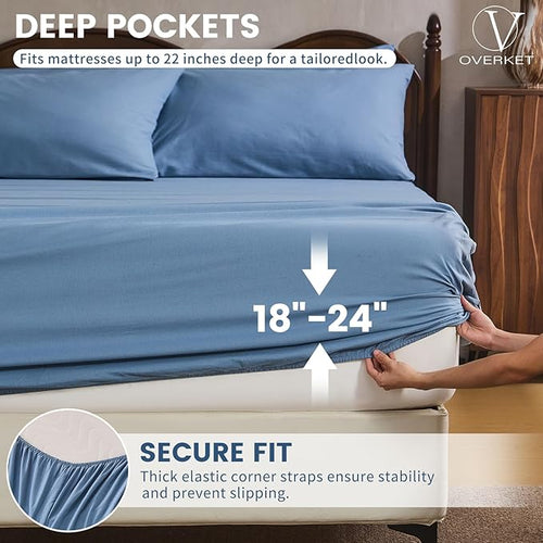 100% Linen Sheet Set Cal King Size Extra Deep Pocket Fits 18-24 Inch Mattress, Breathable & Soft, Smooth 4-Piece Set for Thick Mattresses Hotel Luxury Bedding（Cal King, Dusty Blue）