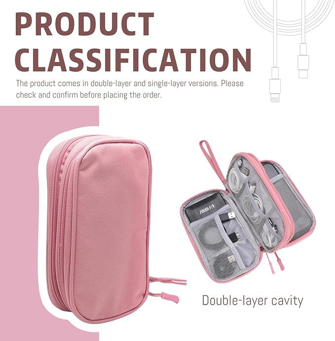 OBHEI Electronic Organizer Double Layer, Water Resistant Cable Organizer Bag for Travel Essentials, Cord, Charger, Phone, Earphone, Large Size,Accessories Travel Essentials (Pink, Double-Layer)
