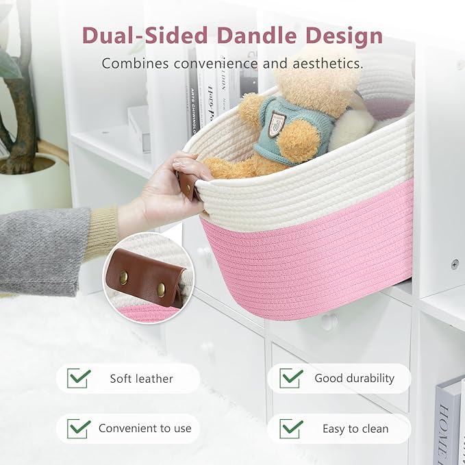 ECDYQXVU Cotton Rope Basket, Storage Baskets with Handle, 15x10x9 Inch Woven Basket for Shelves, Laundry, Towels, Clothes, Books (White/Pink 3Pack)