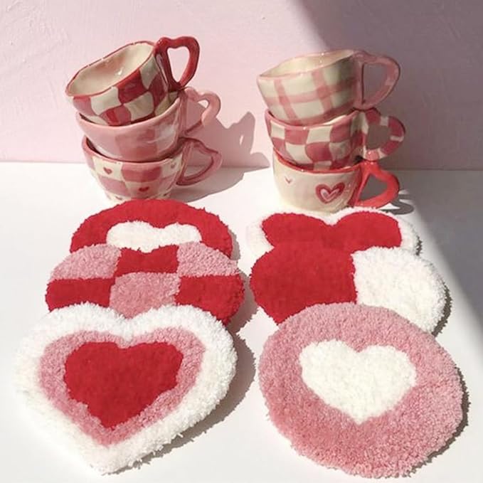 Allazone Punch Needle Kits, Punch Needle Coasters Kit, Punch Embroidery Kit with Felt Yarns Hoop Tools for DIY Coaster Crafts (Heart-Shaped)