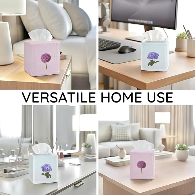 EmbroideryLinen.VN Tissue Box Cover Set of 2, Square Linen Tissue Holder, Printed Floral Design, 4.5x4.5x5.5 Inches, Decorative Holder for Bathroom, Living Room, Office (Hydrangea & Dandelion)