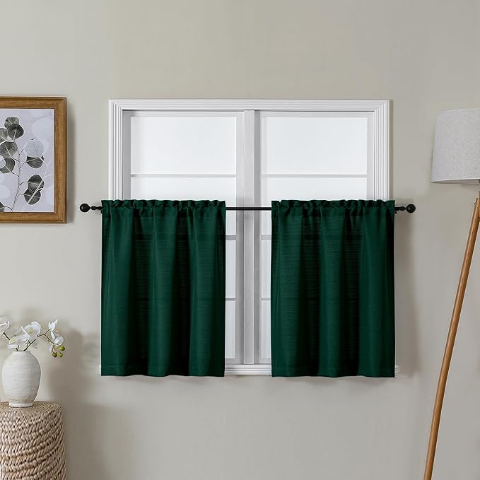 Lecloud Bessie Hunter Green Kitchen Curtains 24 Inch Length 2 Panels, Classic Faux Linen Cafe Short Curtains, Rustic Airy Tiers Window Treatments for Living Room Laundry Room, Each 30" W x 24" L