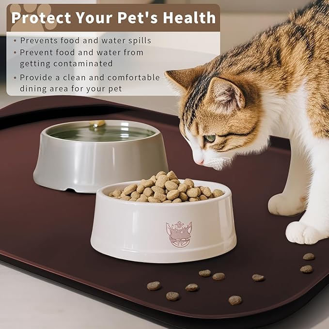 Smilool Silicone Pet Food Mat with Raised Edge for Food and Water Bowl, Dog Feeding Mats, Cat Food Trays for Floor Waterproof, Rubber Tray for Dogs and Cats, 17 x 12 x 0.7 Dark Brown