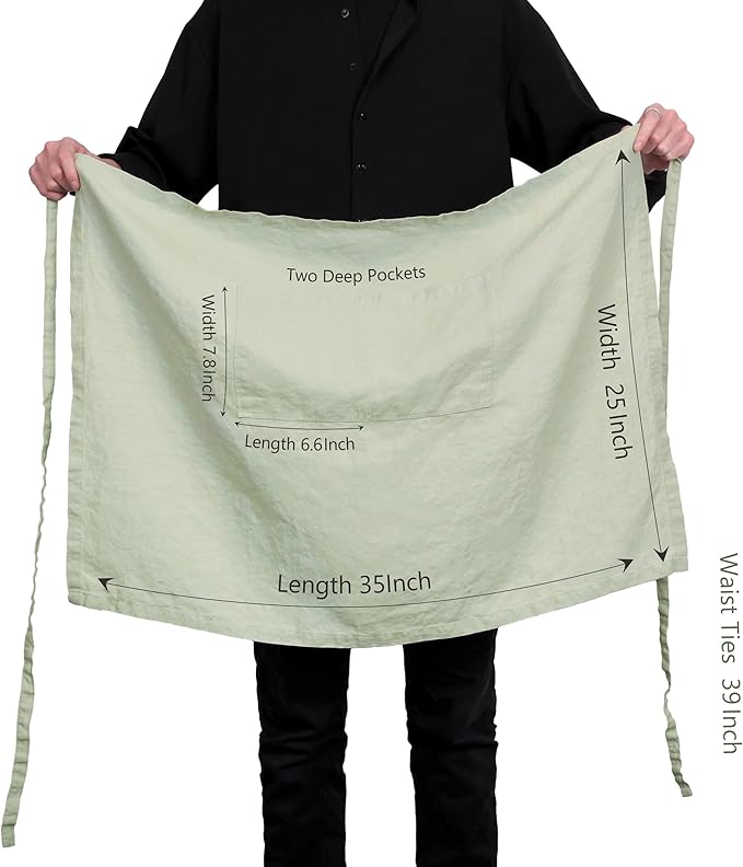 Pure Linen Bistro Half Apron - 25 x 35 Inch Unisex Waist Aprons with Large Pocket Ideal for Kitchen Crafts and More