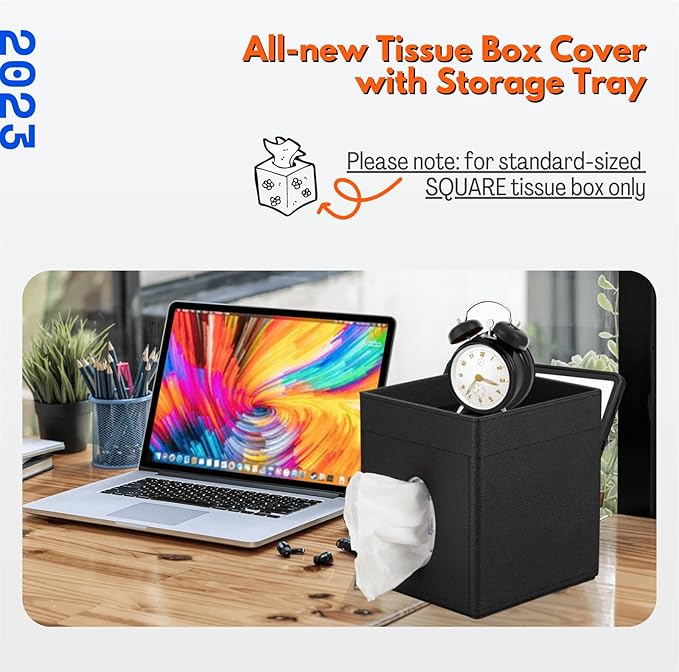 LAMOTI Leather Tissue Box Cover with Storage Tray, Square Facial Tissue Box Holder for Bathroom, Office Table, Countertop, Night Stand & More (Black)