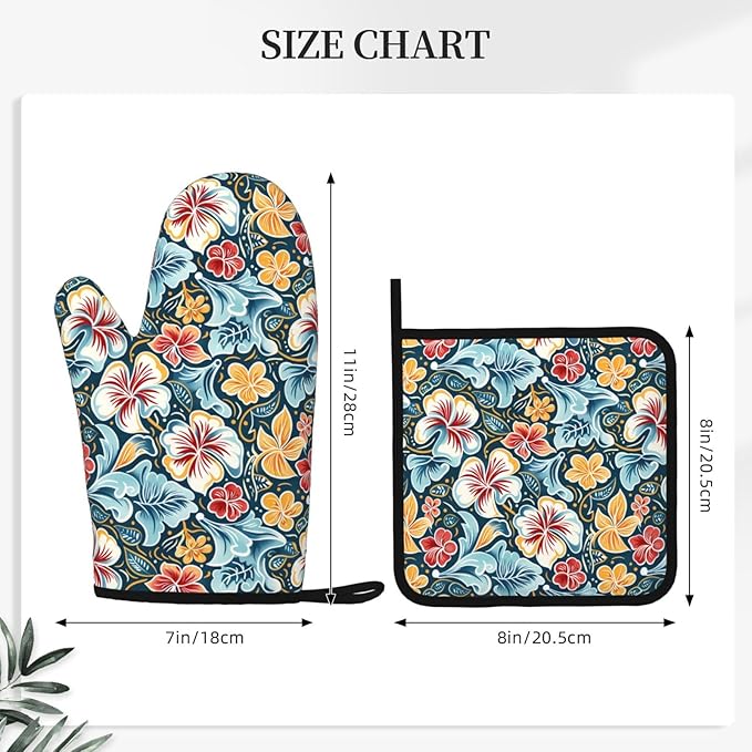 Oven Mitts and Potholders Retro Colored Flowers Silicone Glove Heat Resistant, Kitchen Gloves for Cooking, 2-Piece Set