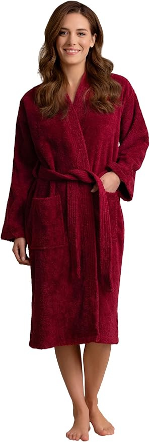 Soft Touch Linen - Women's Robe Terry Cotton Cloth- Kimono Style- Thick, Breathable & Comfortable- Lightweight & Absorbent- Costomizable (Burgundy, Large)
