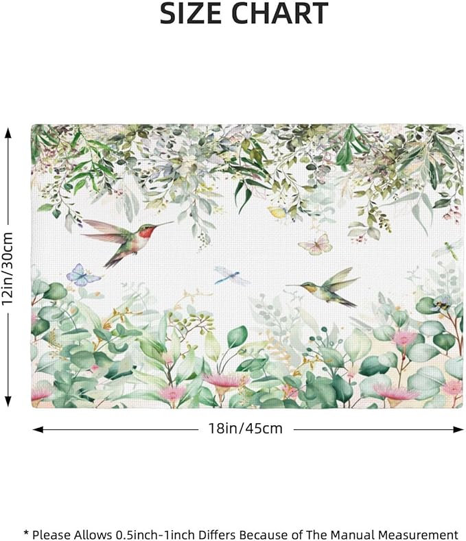 Natural Bird Placemats, Green Spring Watercolour Botanical Flower Butterfly Hummingbird Fly Print Washable Fabric Placemats Table Kitchen Dining Party 12x18 Inch Set of 4