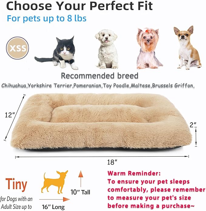Dog Crate Bed 18 Inch Washable Dog Beds for XX-Small Dogs Deluxe Thick Soft Fluffy Comfy Kennel Pad Anti-Slip Indoor Pet Sleeping Mat for Extra Small Puppy Breeds,18" x 12",Light Brown
