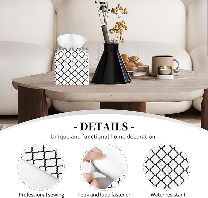 POIUBLE Leather Tissue Box Holder Black and White Quatrefoil Tissue Box Cover Square Waterproof Tissue Holder Organizer Modern Napkin Holder for Bedroom Dresser Night Stand Office Desk