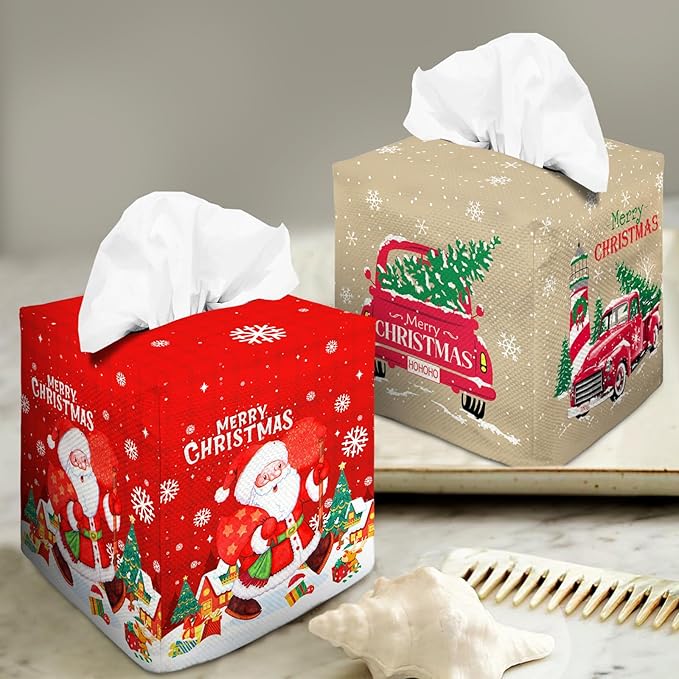 Tissue Box Cover Square Decorative Tissue Box Holder Cute Funny Cube Tissue Case Cover-Xmas Decor Christmas Santa Claus Tissue Box Cover