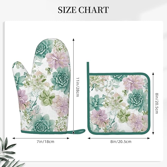Oven Mitts and Potholders Green Succulents Silicone Glove Heat Resistant, Kitchen Gloves for Cooking, 2-Piece Set