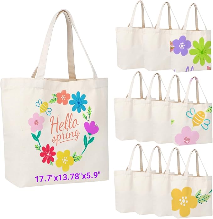Segarty Canvas Tote Bag, 12 Pack 17.7x13.78x5.9 Blank Canvas Tote Bags for Women, Reusable Tote Bag with Natural Cotton and Shoulder Strap, Bulk for DIY, Grocery Shopping, Beach, Travel，Gift