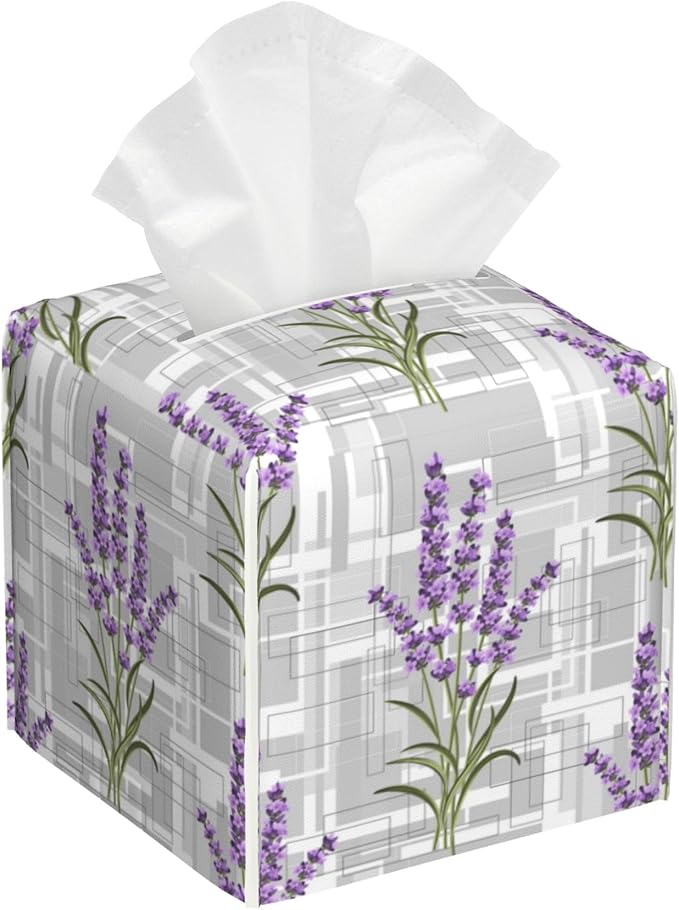 OHEGBXE Tissue Box Holder Geometric Lavender Flower Square Leather Tissue Box Cover Modern Cube Facial Paper Cover Case for Bathroom Vanity Countertop Night Stands Tabletop