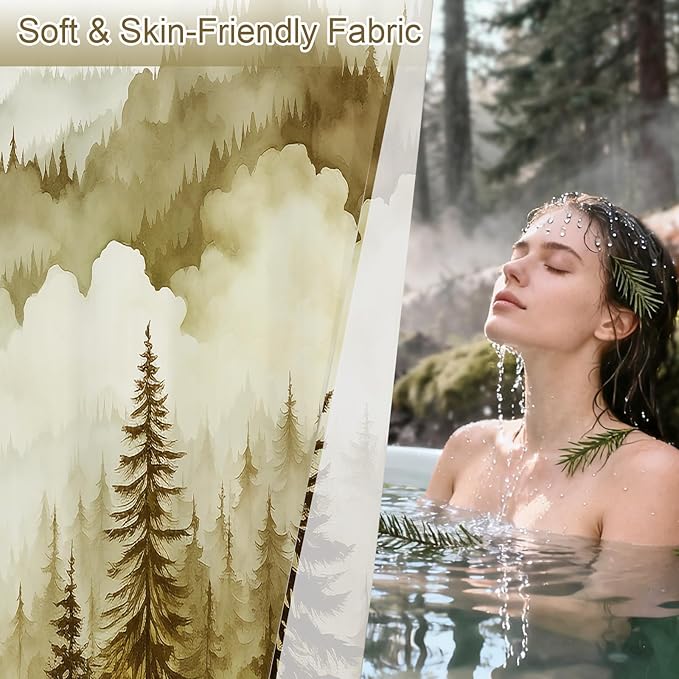 Litabel Yellow Small Stall Misty Pine Forest Shower Curtain 36 x 72, Mountain Foggy Woodland Scenery Tree Narrow Half Size Shower Curtains for Bathroom, Abstract Waterproof Nature-Themed Decor