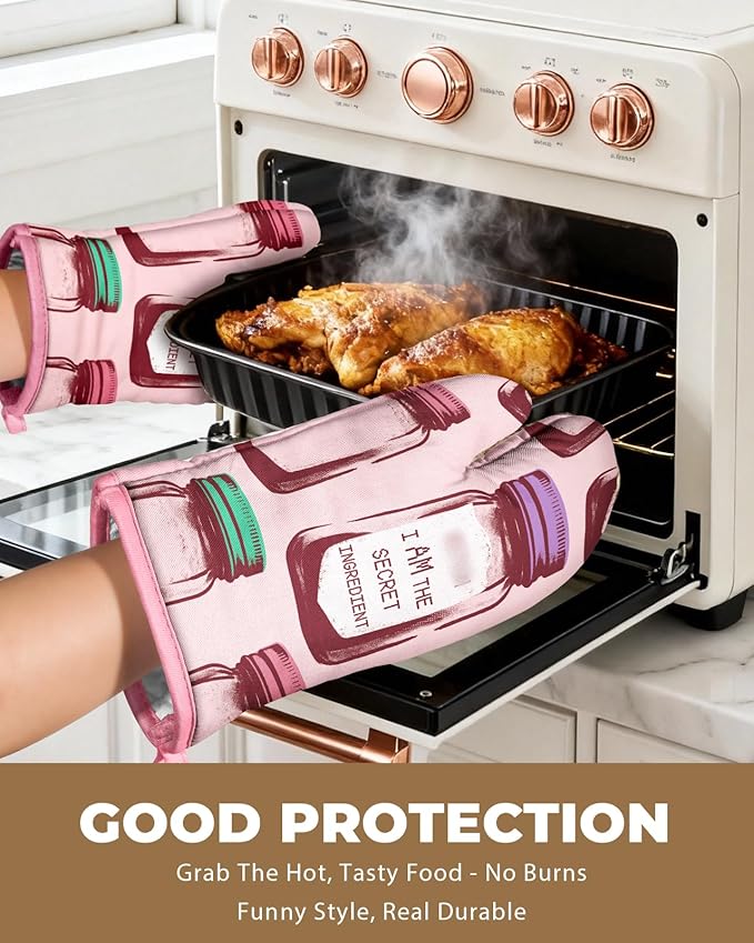 Slohif Funny Oven Mitt Heat Resistant for Women - 2 Pack Pink Cute Novelty Cool Kitchen Oven Mittens with 100% Cotton for Baking and Cooking Accessories