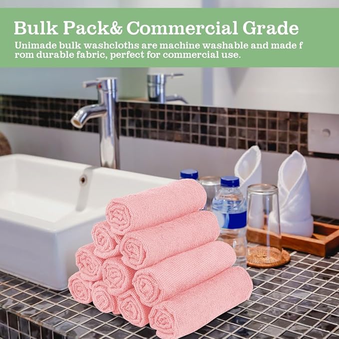UNIMADE Washcloths - 20 Pack - Face Towels (12" x 12"), Highly Soft Wash Cloths and Hand Towels, Fast Drying Multi-Purpose Microfiber Cleansing Cloths for Bathroom, Hotel, Spa, and Salon - Pink