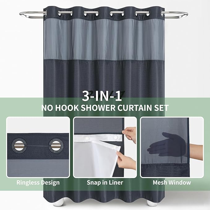 eachope Extra Long No Hook Shower Curtain with Snap-in Fabric Liner Set,Navy Waffle Weave Shower Curtains for Bathroom,Hotel Luxury Decor Bathroom Curtain Set,Waterproof & Washable,71Wx86H
