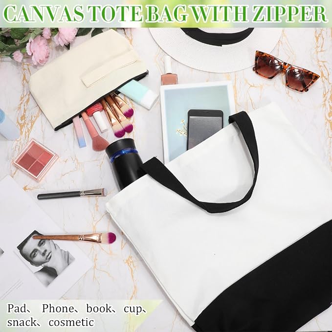 Sanwuta Canvas Tote Bags Bulk with Zipper Cosmetic Pouch 18.5" Reusable Cotton Shopping Bag with Handle for DIY Craft