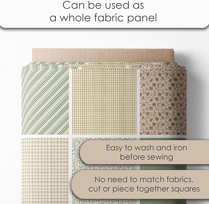 Cotton Satin Patchwork Fabric Panel – 35 Designs, 20×20 cm Squares, Single Piece 150×110 cm, Sage Green & Beige Patchwork Quilt Fabric (Meadow Breeze Patchwork Set, 35pcs 8x8 inch)
