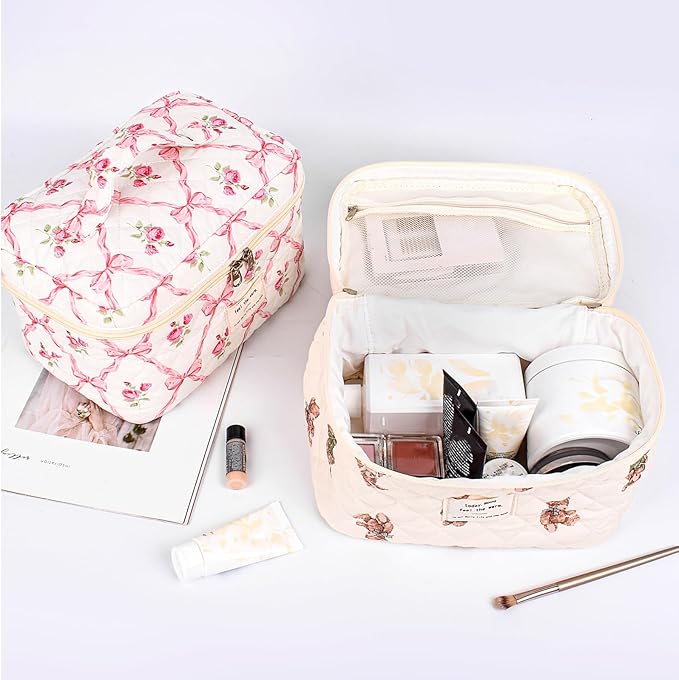 SXS LACONIC Quilted Makeup Bag,Large Cosmetics Bag Set,Coquette Floral Make up Pouch,Travel Toiletry Bag for Women