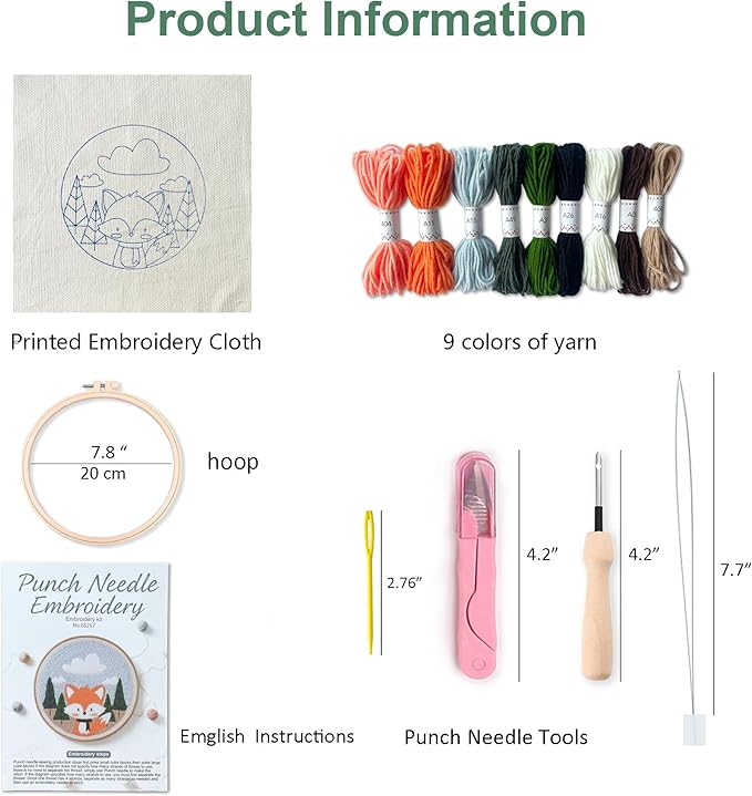 Myfelicity Punch Needle Embroidery Kit, Beginner Craft Set with Animal Pattern Design, 7.9 Inch Hoop (Fox)