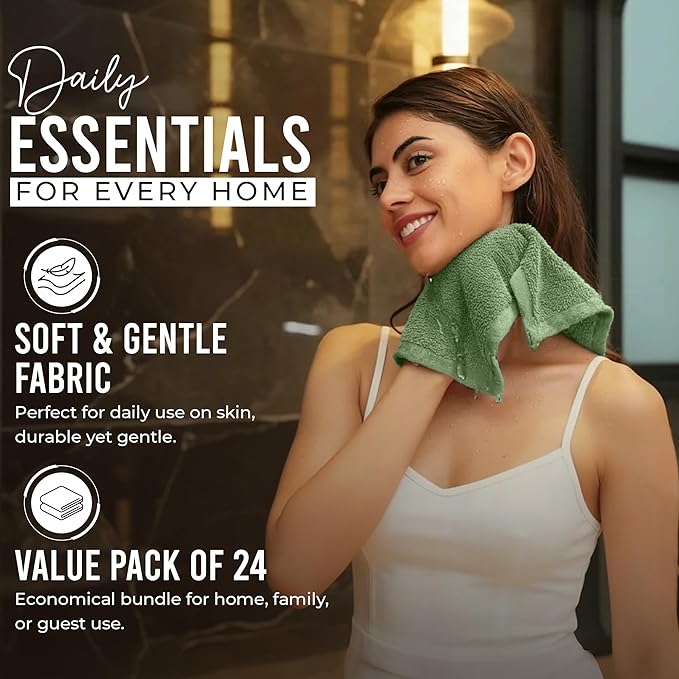 RIVERSIDE 24 Pack Washcloths Set - 100% Cotton [12x12 Inches] - 500 GSM, Soft, Quick-Dry & Highly Absorbent Face Towels - Perfect for Bathroom, Gym, Hotel, Spa & Travel - Sage Green
