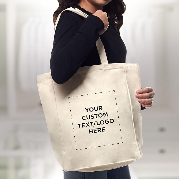 DISCOUNT PROMOS Custom Cotton Canvas Tote Bags (Set of 50) - Personalized, Reusable & Eco-Friendly - Perfect for Grocery, Promotions, Branding - Natural Color, 14.25"X15.5"X5", 10 OZ Cotton