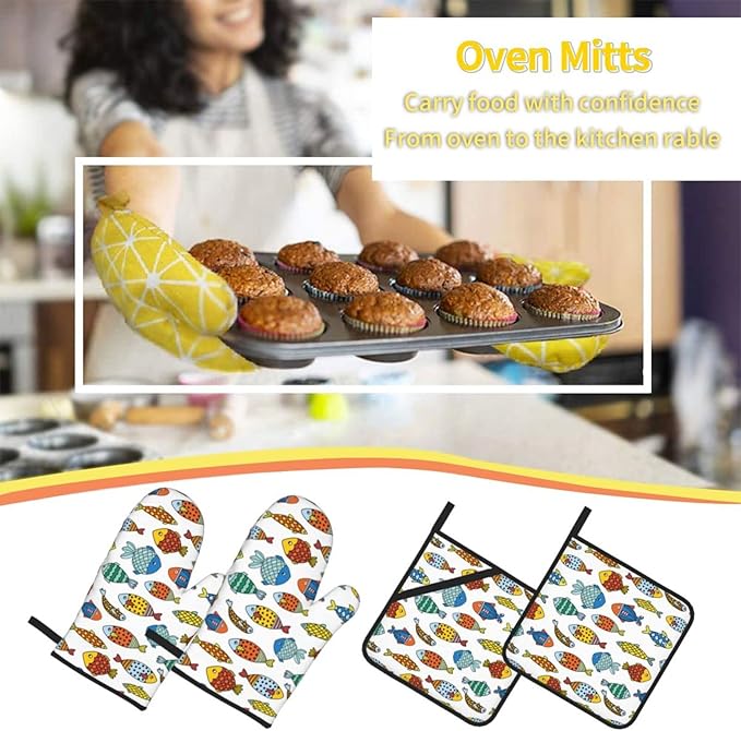 Colorful Fish Oven Mitts and Pot Holders Set of 4, Oven Mittens and Potholders Heat Resistant Gloves for Kitchen Cooking Baking Grilling BBQ