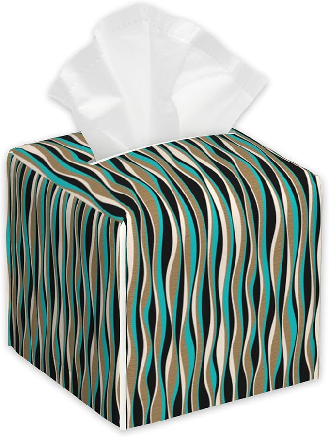Abstract Geometric Wavy Lines Tissue Box Cover,PU Leather Tissue Box Holder Square,Modern Home Decoration for Bathroom Living Room Kitchen Office Car,5.2"×5.2"×5.2"