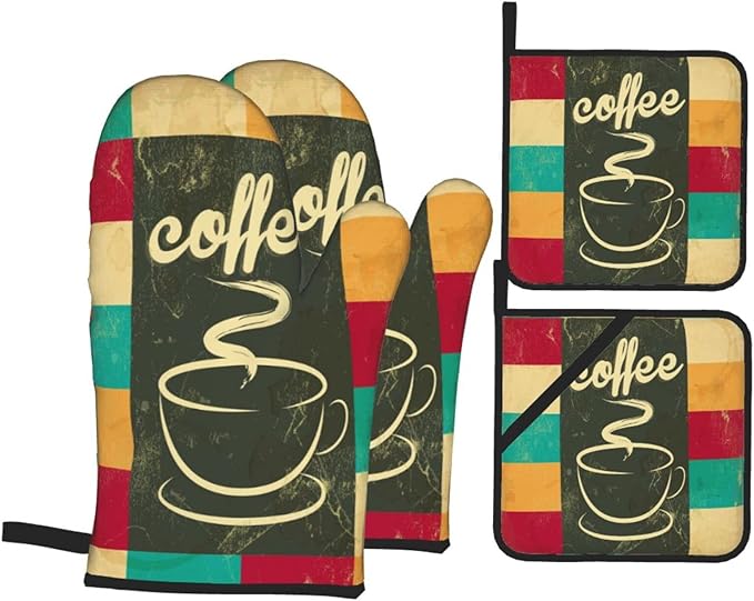 Vintage Coffee Oven Mitts and Pot Holders Set of 4, Oven Mittens and Potholders Heat Resistant Gloves for Kitchen Cooking Baking Grilling BBQ