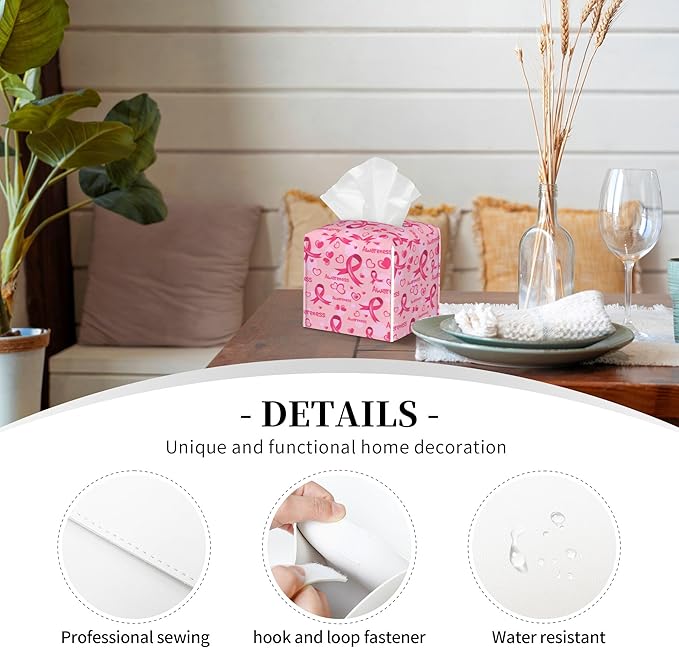 Breast Cancer Awareness Tissue Box Cover Square,Ribbons and Hearts Tissue Box Holder Waterproof Leather Facial Paper Organizer Dispenser for Bathroom Home Car Nightstand Vanity Desk