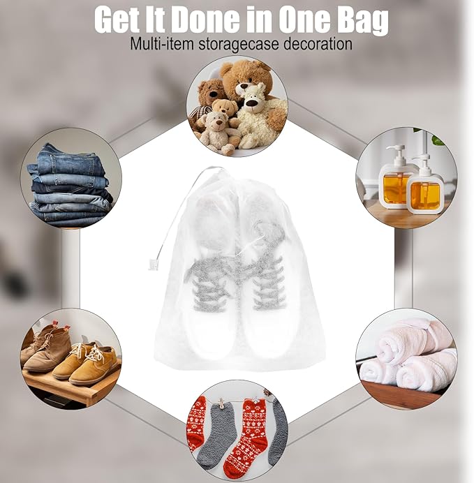 Lemecima 200 Pcs Shoe Bag Drawstring Storage Organizer - Dust Proof Non Woven Fabric Shoe Bags for Travel, Boots & Handbag Protection, 12.6 x 15 Inches White Reusable Dust Bags for Handbags