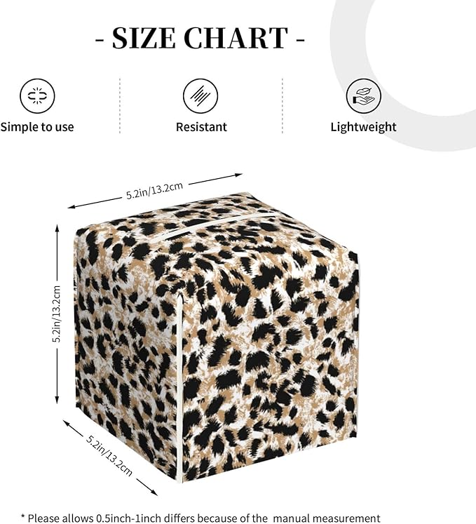 PVC Tissue Box Cover Holder,Leopard Square Decorative Organizer,5.2"X5.2"X5.2" Tissue Case for Bathroom, Tabletop, Car, Office