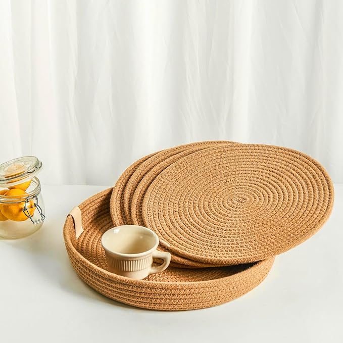 Art PineCone's Woven Cotton Rope Round Placemats Set of 4 with Holder Included, Non-Slip, and Heat Resistant Shabby Chic Placemats (Caramel, 13 inch)