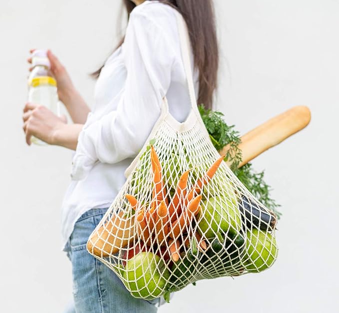 Lemonfilter Mesh Grocery Bags, 5 Pack Reusable Washable Cotton String Shopping Bag, Cotton Mesh Produce Bag with Long Handle Net Tote Bag for Fruit Vegetables Farmers Market Shopping (4 Color)