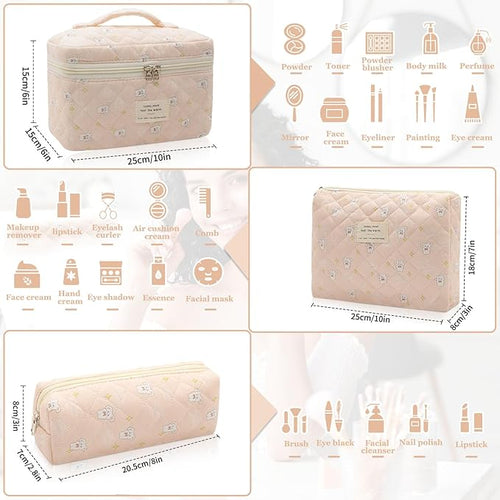 3pc Makeup Bag Set, Quilted Makeup Bag Set, Large Floral Cosmetic Bag for Women, Cute Cotton Makeup Bags, Flower Travel Toiletry Organizer Bag (Star White Rabbit)