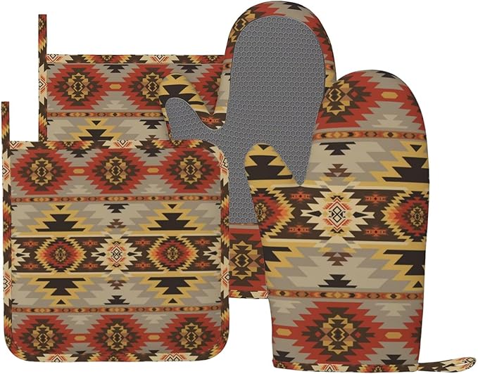 American Southwest Print Oven Mitts and Pot Holders Set of 4 Silicone Aztec Kitchen Mitten Gloves and Non-Slip Vintage Potholders Set Heat Resistant Oven Gloves Hot Holders for Kitchen