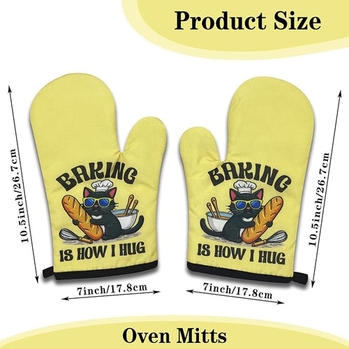 2 Pack Funny Black Cat Oven Mitts, Baking is How I Hug, Heat Resistant Silicone Non-Slip Mitts, Kitchen Baking Gifts for Cat Lovers, Sweet Housewarming Gifts for Hostess Chef Baker Friend