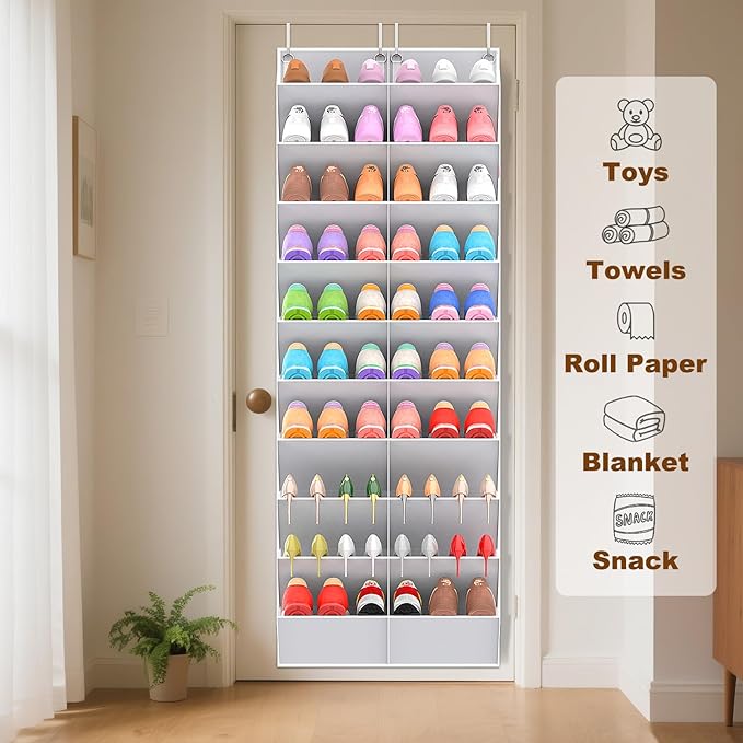 UVIAHOMI 30 Pairs Over the Door Shoe Organizer, Clear Pockets Hanging Shoe Storage for Closet, 10-Tier Door Shoes Rack Storage Fit All the Family's Sneakers, Boots, Heels, Light Grey
