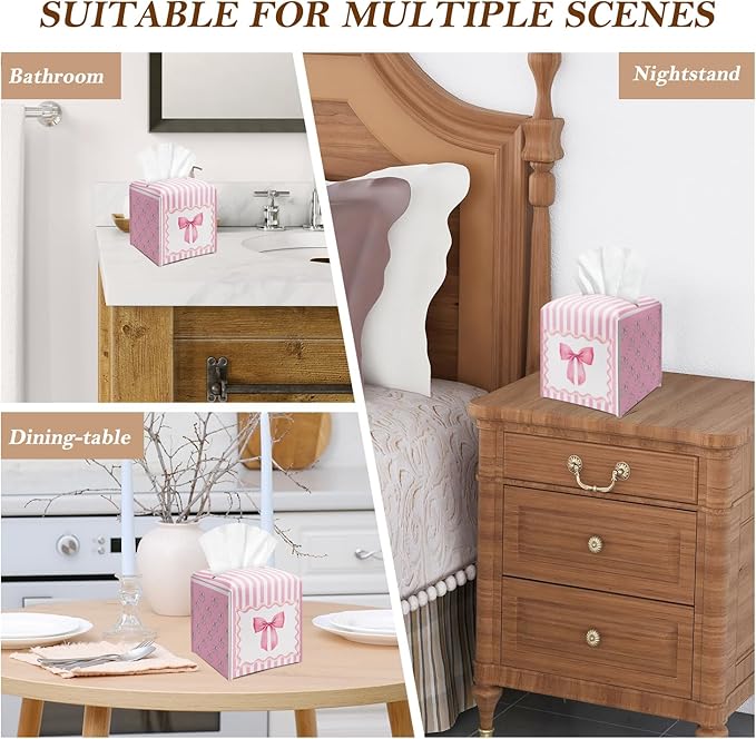 Cute Pink Bow Stripes Tissue Box Cover Square, Leather Tissue Holder with Bottom Belt, for Nightstands Desks Office Bathroom Car Vanity Home Decor Supplies -010