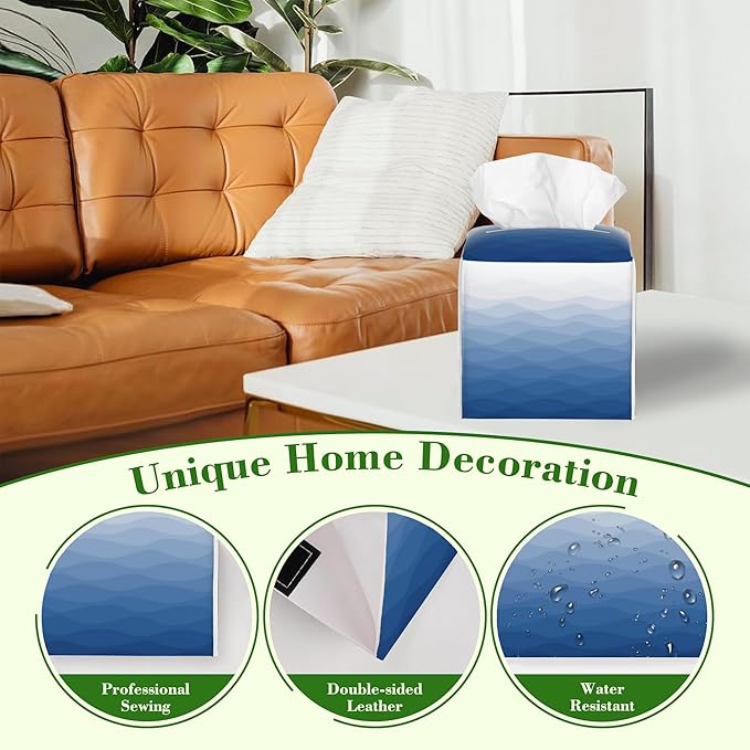Blue Grey Ombre Striped Tissue Box Cover Square Leather Tissue Holder Waterproof Facial Paper Organizer Dispenser Cube Paper Cover Case for Home Office Bathroom Vanity Countertop