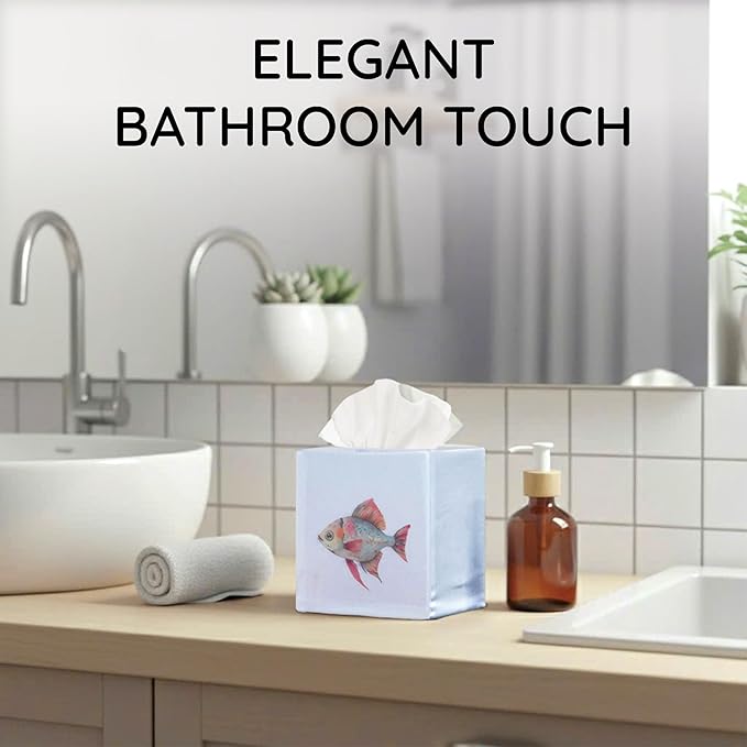 EmbroideryLinen.VN Tissue Box Cover Set of 2, Square Cotton Tissue Holder, Printed Animal Pattern, 4.5x4.5x5.5 Inches, Decorative Holder for Bathroom, Living Room, Office (Fish)