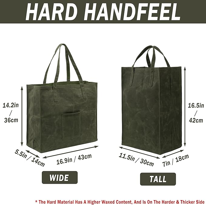 Kaaltisy Waxed Canvas Reusable Grocery Bag Heavy Duty Waxed Shopping Bag Self-Standing Vegan Farmers Market Bag, Tall, Hard Handfeel