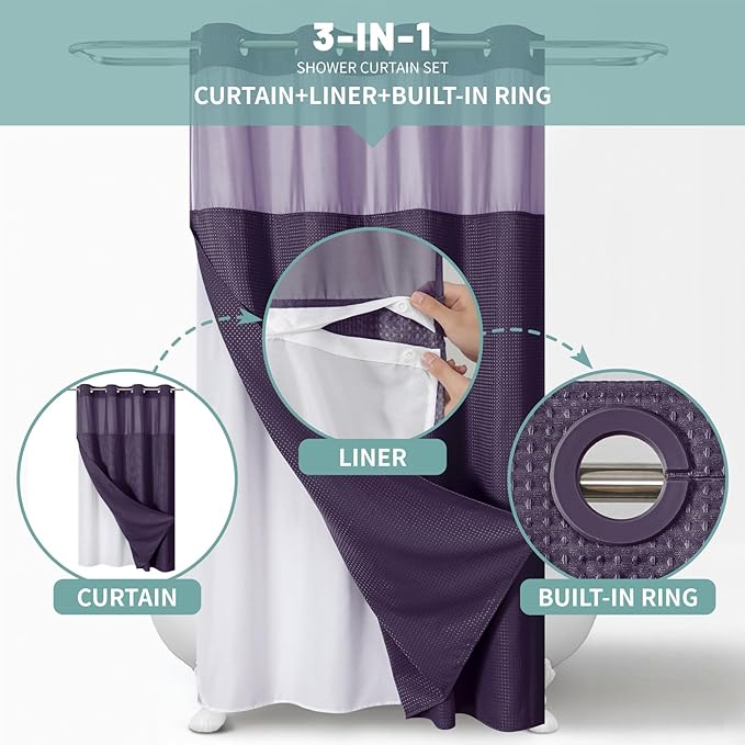 eachope Purple No Hook Waffle Weave Shower Curtain with snap-in Liner Replacement, 230GSM Waterproof Fabric Hotel Shower Curtain Set for Bathroom, Through Mesh Top Window,54Wx80H